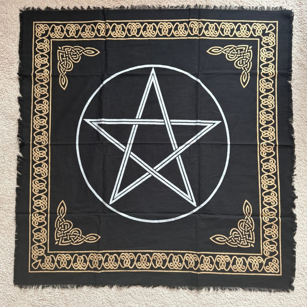 New Age Pentacle Altar Cloth Celtic Knot Border Black Gold 36x36 Cotton